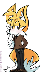 Size: 630x1010 | Tagged: safe, artist:taails-proower-blog, miles "tails" prower, alternate outfit, belt, blushing, ear fluff, lidded eyes, looking at viewer, pants, shirt, shoelaces, shoes, signature, simple background, smile, solo, standing, sweater, tie, white background