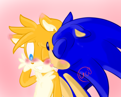 Size: 1000x800 | Tagged: safe, artist:knockknockitsknockles, miles "tails" prower, sonic the hedgehog, blushing, blushing ears, cute, duo, eyes closed, floppy ears, gay, gradient background, hand behind head, heart, kiss on cheek, looking down, one eye closed, shipping, signature, smile, sonic x tails, standing