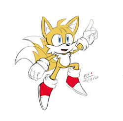 Size: 808x794 | Tagged: safe, artist:raviolibox, miles "tails" prower, clenched fist, looking offscreen, mid-air, mouth open, pointing, signature, simple background, smile, solo, white background