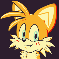 Size: 1280x1280 | Tagged: safe, artist:cocokoalatea, miles "tails" prower, blushing, cute, limited palette, looking at viewer, one fang, purple background, simple background, smile, solo