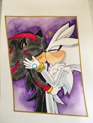 Size: 4032x3024 | Tagged: safe, artist:themaniacofhedgehogs, shadow the hedgehog, silver the hedgehog, 2023, blushing, duo, eyes closed, gay, heart, holding something, kiss, shadow x silver, shipping, standing, traditional media, watercolor