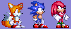 Size: 1007x420 | Tagged: safe, artist:noiceboixd, knuckles the echidna, miles "tails" prower, sonic the hedgehog, 2019, classic knuckles, classic sonic, classic tails, looking offscreen, pixel art, purple background, simple background, smile, sprite, standing, team sonic, trio