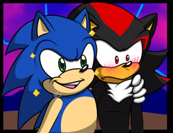 Size: 1941x1496 | Tagged: safe, artist:hunniegl4zed, shadow the hedgehog, sonic the hedgehog, sonic prime, 2024, abstract background, arm around shoulders, blushing, border, duo, frown, gay, looking offscreen, redraw, shadow x sonic, shipping, smile, sonic prime s3, sparkles, standing