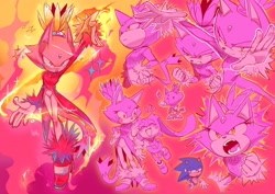 Size: 2048x1448 | Tagged: safe, artist:seto2, blaze the cat, burning blaze, cream the rabbit, sonic the hedgehog, multiple views, super form, trio