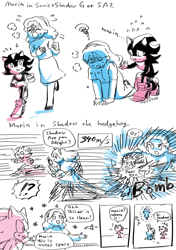Size: 699x992 | Tagged: safe, artist:mori3322, maria robotnik, shadow the hedgehog, human, sonic adventure 2, sonic x shadow generations, comic, duality, duo, english text, monochrome, running, shadow the hedgehog (video game), space, speech bubble, star (sky), star (symbol), tired
