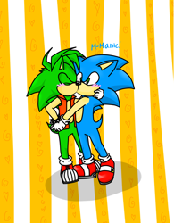 Size: 1704x2180 | Tagged: safe, artist:percyjacksonrules123, manik the hedgehog, sonic the hedgehog, 2013, blushing, cute, dialogue, duo, eyes closed, gay, holding each other, holding hands, incest, kiss, manik x sonic, manikbetes, shipping, sonabetes, standing, striped background, surprise kiss, surprised