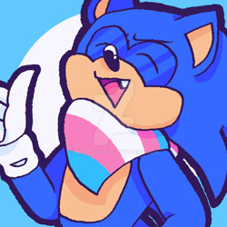 Size: 1024x1024 | Tagged: safe, artist:montcart, sonic the hedgehog, 2024, abstract background, bandana, cute, deviantart watermark, eyes closed, mouth open, one fang, smile, solo, sonabetes, trans male, trans pride, transgender, watermark