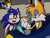 Size: 1600x1200 | Tagged: safe, artist:snowlovvyest, miles "tails" prower, sonic the hedgehog, sonic adventure 2, 2024, abstract background, chaos emerald, cyclone, duo, holding something, looking at something, looking at them, mouth open, nighttime, outdoors, redraw, reference inset, signature