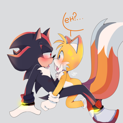 Size: 4000x4000 | Tagged: safe, artist:dogdaysc, miles "tails" prower, shadow the hedgehog, 2024, blushing, duo, gay, grey background, lidded eyes, looking at each other, mouth open, saliva, saliva trail, shadails, shipping, signature, simple background, tongue out