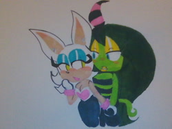 Size: 640x480 | Tagged: safe, artist:abagellover, rouge the bat, zeena, zeti, 2024, blushing, crack shipping, duo, holding hands, lesbian, lidded eyes, looking at each other, rouge x zeena, shipping, standing, traditional media