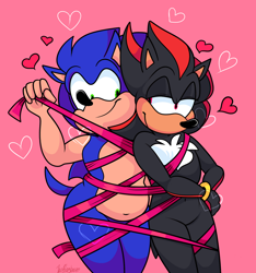 Size: 1280x1368 | Tagged: safe, artist:beastofeuthanasia, shadow the hedgehog, sonic the hedgehog, 2020, duo, gay, heart, holding something, looking at each other, pink background, ribbon, shadow x sonic, shipping, signature, simple background, smile, standing, tied up, valentine's day