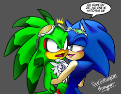 Size: 640x493 | Tagged: safe, artist:hhuniii, jet the hawk, sonic the hedgehog, 2017, blushing, dialogue, duo, english text, flirting, gay, grey background, lidded eyes, looking at them, looking offscreen, mouth open, shipping, signature, simple background, sonic riders, sonjet, speech bubble, standing, surprised