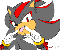 Size: 3000x2500 | Tagged: safe, artist:shad-kun, shadow the hedgehog, 2019, ear fluff, fangs, flat colors, japanese text, looking at viewer, mouth open, pointing, signature, simple background, smile, solo, standing, tongue out, transparent background