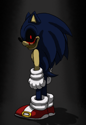 Size: 1342x1949 | Tagged: safe, artist:theteacherspet, sonic the hedgehog, oc, oc:sonic.exe, 2023, black sclera, bleeding, bleeding from eyes, blood, clenched teeth, creepy, glowing eyes, gradient background, looking at viewer, shadow (lighting), sharp teeth, smile, solo, standing