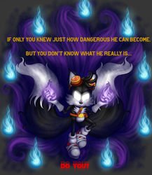 Size: 2600x3000 | Tagged: safe, artist:cyngawolf, miles "tails" prower, fanfic:dark tails unleashed, 2022, dark form, dark tails, english text, fanfiction art, flame, flying, frown, glowing eyes, grey background, kitsune, simple background, solo, sonic boom (tv)