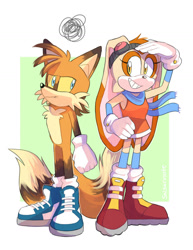 Size: 1024x1326 | Tagged: safe, artist:salsacoyote, cream the rabbit, miles "tails" prower, 2020, aged up, annoyed, boots, duo, frown, goggles, older, scarf, smile, standing, yellow sclera