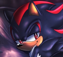 Size: 578x527 | Tagged: suggestive, artist:angelofhapiness, shadow the hedgehog, 2016, abstract background, bed, blushing, lidded eyes, looking at viewer, looking back, looking back at viewer, lying on front, smile, solo, stupid sexy shadow