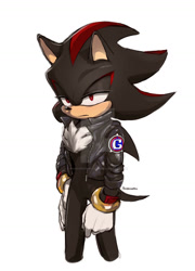 Size: 1280x1775 | Tagged: safe, artist:harooncookiez720, shadow the hedgehog, 2022, alternate outfit, clothes, deviantart watermark, frown, g.u.n logo, hand on hip, jacket, lidded eyes, looking offscreen, shadow is not amused, signature, simple background, solo, standing, watermark, white background