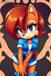 Size: 512x768 | Tagged: safe, ai art, artist:mobians.ai, sally acorn, 2024, abstract background, alternate outfit, belt, blushing, boots, crop jacket, jacket, looking at viewer, shirt, skirt, smile, solo, standing, tongue out