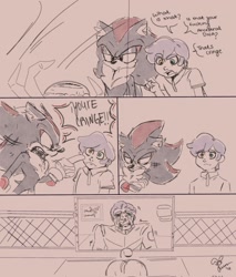 Size: 1745x2048 | Tagged: safe, artist:birbiegal, shadow the hedgehog, human, sonic x shadow generations, aged down, black arms, child, comic, crying, dialogue, duo, english text, g.u.n. commander, is that your fursona, meme, olive garden
