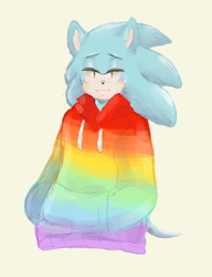 Size: 1000x1300 | Tagged: safe, artist:imqueerdeer, sonic the hedgehog, 2017, alternate outfit, clenched teeth, clothes, hands in pocket, hoodie, lidded eyes, looking at viewer, pride, simple background, smile, solo, yellow background