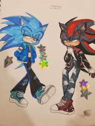 Size: 4032x3024 | Tagged: safe, artist:jaidenlovestodraw, shadow the hedgehog, sonic the hedgehog, 2023, alternate universe, clothes, crop top, duo, ear piercing, earring, fingerless gloves, hands in pocket, jacket, jeans, lidded eyes, lollipop, looking offscreen, mouth hold, pansexual, pansexual pride, pants, ripped pants, shirt, standing, traditional media, trainers, trans male, trans pride, transgender, transmasculine, walking