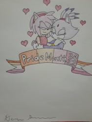 Size: 4128x3096 | Tagged: safe, artist:toshi-the-panda-1996, amy rose, blaze the cat, 2022, amy x blaze, banner, cute, duo, english text, eyes closed, heart, hugging, lesbian, lesbian pride, pride, shipping, signature, smile, traditional media