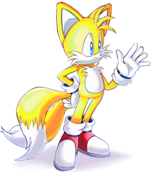 Size: 728x829 | Tagged: safe, artist:genesishero, miles "tails" prower, 2024, hand on hip, looking offscreen, shadow (lighting), simple background, smile, solo, standing, waving, white background