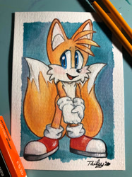 Size: 1280x1707 | Tagged: safe, artist:devotedsidekick, miles "tails" prower, 2023, blushing, cute, hands together, looking offscreen, mouth open, signature, smile, solo, standing, tailabetes, watercolor