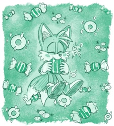 Size: 1141x1260 | Tagged: safe, artist:devotedsidekick, miles "tails" prower, 2023, abstract background, birthday, blushing, cute, eating, heart, holding something, mint candy, signature, solo, sparkles, tailabetes, that fox sure loves mint candy