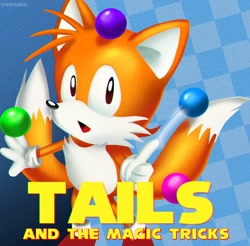 Size: 1223x1202 | Tagged: safe, artist:koasku, miles "tails" prower, 2022, abstract background, ball, character name, classic style, classic tails, english text, looking at viewer, mouth open, smile, solo, standing, thumbs up