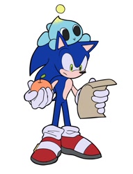 Size: 1140x1496 | Tagged: safe, artist:tsutsuuraurami, sonic the hedgehog, chao, 2018, duo, food, fruit, full body, holding something, neutral chao, on head, standing