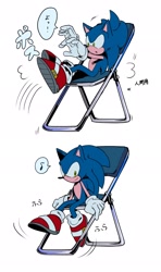 Size: 1214x2048 | Tagged: safe, artist:tsutsuuraurami, sonic the hedgehog, 2018, chair, comic, japanese text, simple background, sitting, solo, speech bubble, white background