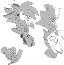 Size: 1794x1808 | Tagged: safe, artist:00_tbteen_00, shadow the hedgehog, sonic the hedgehog, 2024, duo, gay, greyscale, heart, holding each other, monochrome, shadow x sonic, shipping, simple background, sitting, white background