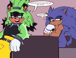 Size: 2048x1591 | Tagged: safe, artist:snazzytader, sonic the hedgehog, surge the tenrec, 2024, blue sclera, chair, dialogue, duo, english text, eyelashes, frown, implied lesbian, leaning, lidded eyes, looking at them, looking offscreen, pink background, simple background, sitting, standing, sweatdrop, table, top surgery scars, trans male, transgender