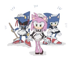 Size: 829x662 | Tagged: safe, artist:pita_b882, amy rose, metal sonic, sonic the hedgehog, 2024, broom, crossdressing, dress, maid outfit, robot, simple background, trio, white background