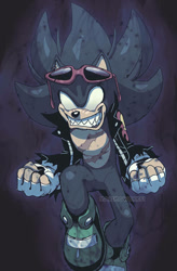 Size: 533x813 | Tagged: safe, artist:scourgefrontier, scourge the hedgehog, super scourge, dark form, fingerless gloves, glasses, glasses on head, gloves, green fur, jacket, sharp teeth, shoes, solo, sunglasses, super form