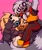 Size: 1734x2048 | Tagged: safe, artist:elykoile3, tangle the lemur, whisper the wolf, arm fluff, carrying them, cute, duo, holding each other, lesbian, looking at viewer, pink background, shipping, signature, simple background, smile, standing, tangabetes, tangle x whisper, whispabetes, white background