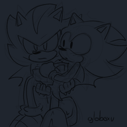 Size: 2048x2048 | Tagged: safe, artist:globoxu, shadow the hedgehog, sonic the hedgehog, :o, blue background, blushing, carrying them, dark, duo, frown, gay, line art, looking ahead, looking at them, looking offscreen, mouth open, shadow x sonic, shipping, signature, simple background, sketch