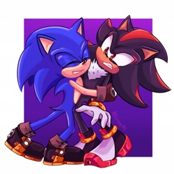 Size: 2048x2048 | Tagged: safe, artist:kuroeali, shadow the hedgehog, sonic the hedgehog, sonic prime, 2024, abstract background, clenched teeth, duo, eyes closed, frown, hugging, looking at them, one eye closed, signature, smile, standing