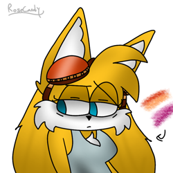 Size: 768x768 | Tagged: safe, artist:rosecandyart, miles "tails" prower, oc, oc:amelia prower, cute, eye clipping through hair, frown, goggles, goggles on head, lesbian, lesbian pride, looking down, pride, signature, simple background, solo, tailabetes, trans female, transgender, white background