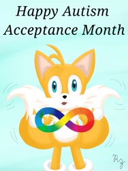 Size: 768x1024 | Tagged: safe, artist:rebieaz, miles "tails" prower, 2023, autism acceptance month, autism symbol, autistic, blue background, headcanon, looking at viewer, mouth open, signature, simple background, smile, solo, standing