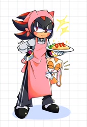 Size: 1085x1587 | Tagged: safe, artist:kumakumaoii, cream the rabbit, shadow the hedgehog, alternate outfit, apron, duo, food, pants, shirt