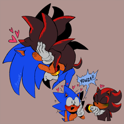 Size: 700x700 | Tagged: dead source, safe, artist:virune, shadow the hedgehog, sonic the hedgehog, beige background, blushing, dialogue, duo, eyes closed, freckles, gay, green blush, heart, holding each other, kiss, mouth open, one fang, shadow x sonic, shipping, simple background, smile