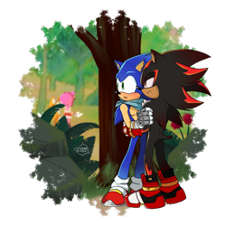 Size: 2048x2048 | Tagged: safe, artist:hiper_foca, amy rose, miles "tails" prower, shadow the hedgehog, sonic the hedgehog, abstract background, bandana, blushing, daytime, duo focus, frown, gay, group, holding each other, lidded eyes, mouth open, outdoors, semi-transparent background, shadow x sonic, shipping, signature, standing, top surgery scars, trans male, transgender, tree, walking