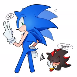 Size: 2038x2048 | Tagged: safe, artist:tamjeong_sonic, shadow the hedgehog, sonic the hedgehog, blushing, duo, english text, gay, hand on own face, shadow x sonic, shipping, simple background, speech bubble, v sign, white background