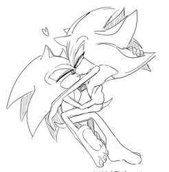 Size: 2012x2048 | Tagged: safe, artist:tamjeong_sonic, shadow the hedgehog, sonic the hedgehog, barefoot, duo, gay, greyscale, heart, monochrome, shadow x sonic, shipping