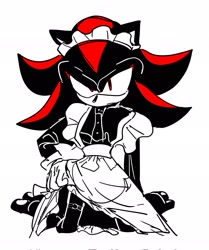 Size: 1709x2048 | Tagged: safe, artist:tamjeong_sonic, shadow the hedgehog, crossdressing, dress, gloves off, limited palette, maid outfit, simple background, solo, white background