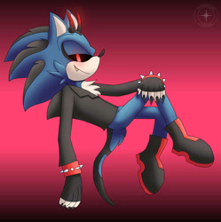 Size: 893x895 | Tagged: safe, artist:interstellarchaosss, oc, oc:sonic.exe, hedgehog, blue fur, boots, fingerless gloves, jacket, male, red eyes, solo