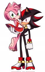 Size: 1269x2048 | Tagged: safe, artist:tamjeong_sonic, amy rose, shadow the hedgehog, amy x shadow, barefoot, carrying them, duo, pawpads, shipping, simple background, standing, straight, white background